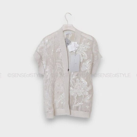 Brunello Cucinelli Sweaters - Brunello Cucinelli Women's Cardigan White Top Handmade Floral Size S